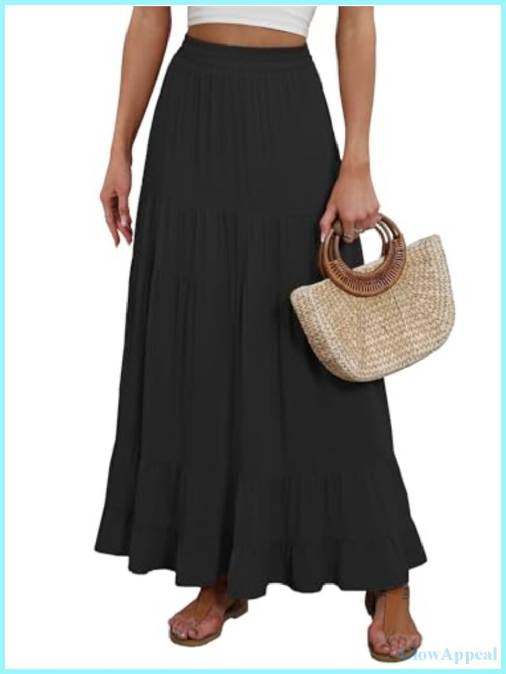 Maxi Skirt with Pockets 100% Rayon High Waisted Tiered A-Line